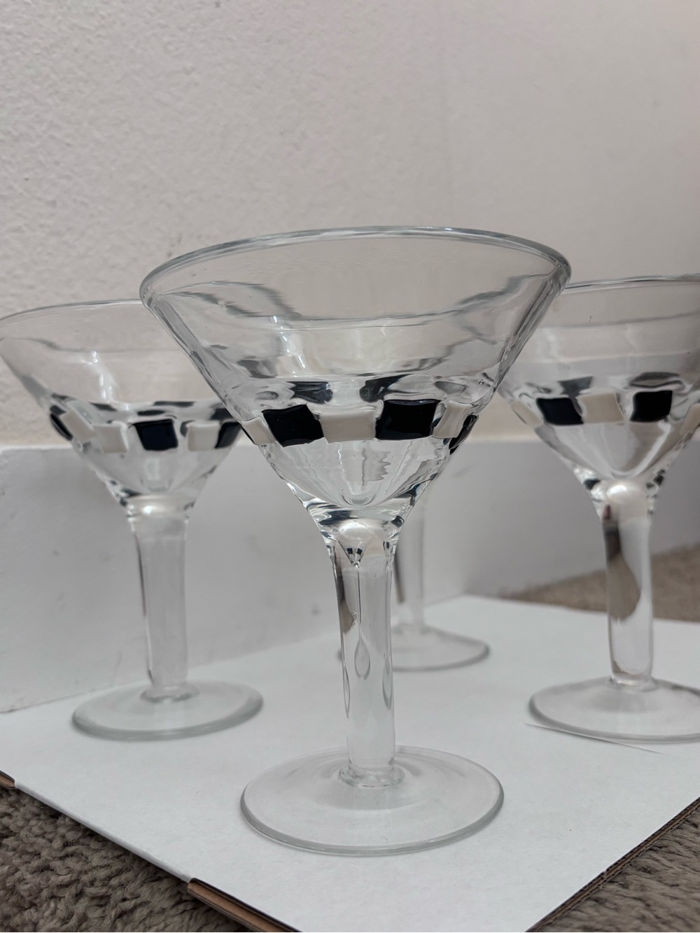 Clear Glass Martini Coupes with Black and white mosaic Square Accent - Set of 4